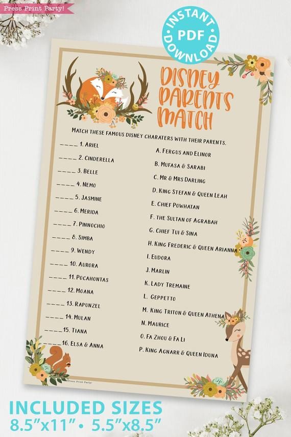 disney parent match - Woodland baby shower games and signs w woodland creatures and forest animals like a cute fox, deer, and squirrel. Press Print Party Instant Download