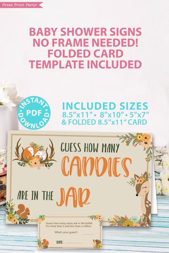 How many candies in the jar sign with editable text in 4 sizes 8x10, 5x7, letter, half sheet - Woodland baby shower games and signs w woodland creatures and forest animals like a cute fox, deer, and squirrel. Press Print Party Instant Download