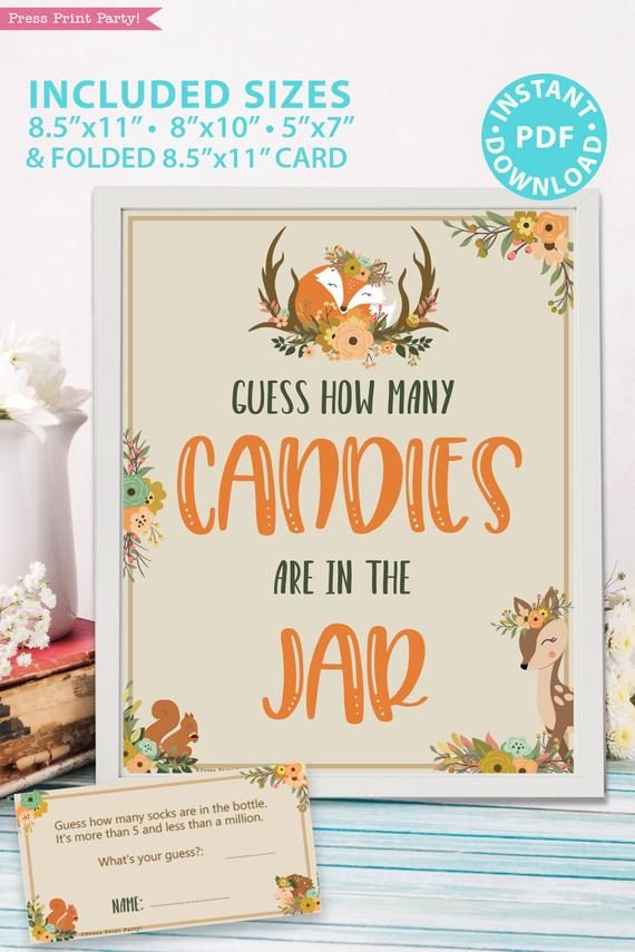 How many candies in the jar sign with editable text in 4 sizes 8x10, 5x7, letter, half sheet - Woodland baby shower games and signs w woodland creatures and forest animals like a cute fox, deer, and squirrel. Press Print Party Instant Download