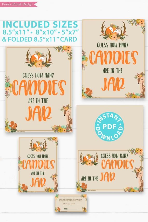 How many candies in the jar sign with editable text in 4 sizes 8x10, 5x7, letter, half sheet - Woodland baby shower games and signs w woodland creatures and forest animals like a cute fox, deer, and squirrel. Press Print Party Instant Download