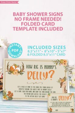 How big is mommy's belly - - with card - Woodland baby shower games and signs w woodland creatures and forest animals like a cute fox, deer, and squirrel. Press Print Party Instant Download