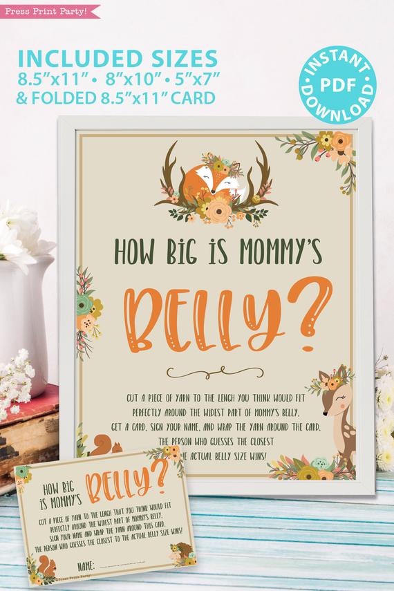 How big is mommy's belly - - with card - Woodland baby shower games and signs w woodland creatures and forest animals like a cute fox, deer, and squirrel. Press Print Party Instant Download