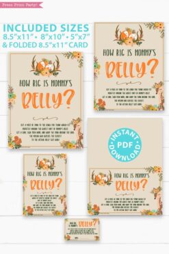 How big is mommy's belly - - with card - Woodland baby shower games and signs w woodland creatures and forest animals like a cute fox, deer, and squirrel. Press Print Party Instant Download