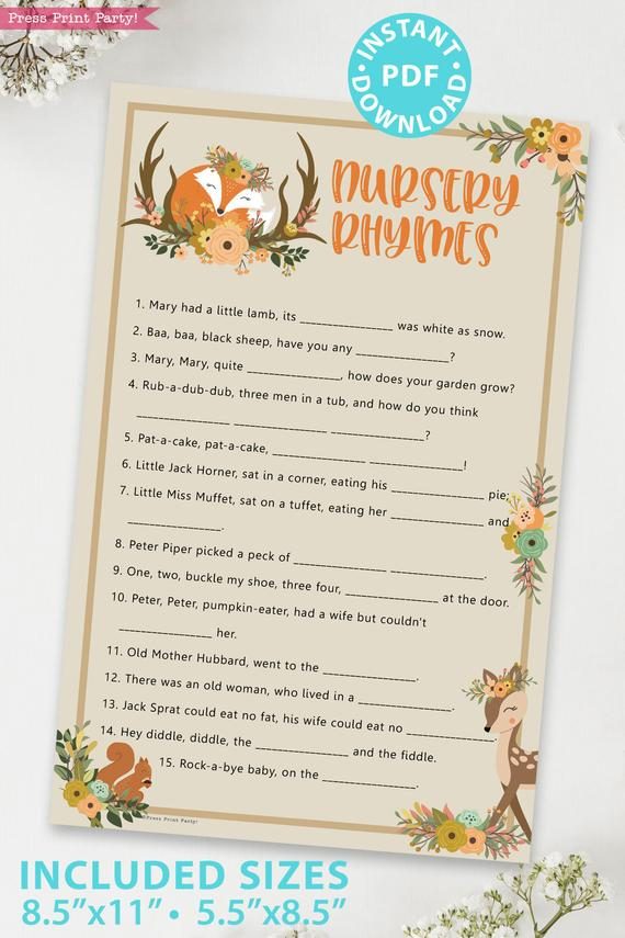 nursery rhyme - Woodland baby shower games and signs w woodland creatures and forest animals like a cute fox, deer, and squirrel. Press Print Party Instant Download