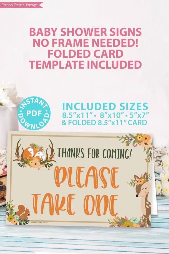 Please take one baby shower sign - Woodland baby shower games and signs w woodland creatures and forest animals like a cute fox, deer, and squirrel. Press Print Party Instant Download