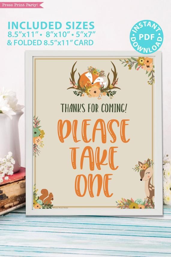 Please take one baby shower sign - Woodland baby shower games and signs w woodland creatures and forest animals like a cute fox, deer, and squirrel. Press Print Party Instant Download