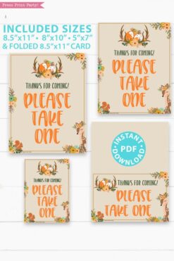 Please take one baby shower sign - Woodland baby shower games and signs w woodland creatures and forest animals like a cute fox, deer, and squirrel. Press Print Party Instant Download