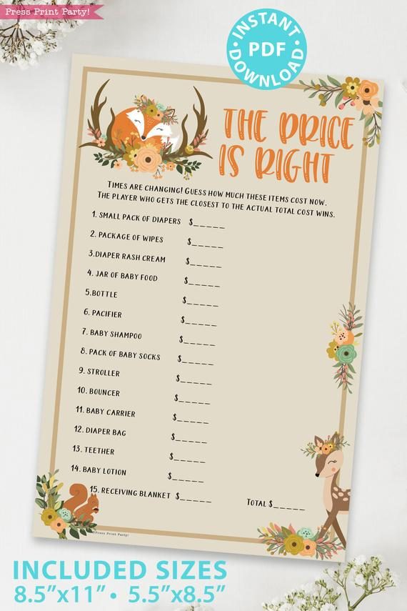The price is right - Woodland baby shower games and signs w woodland creatures and forest animals like a cute fox, deer, and squirrel. Press Print Party Instant Download