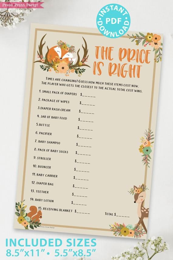 The price is right - Woodland baby shower games and signs w woodland creatures and forest animals like a cute fox, deer, and squirrel. Press Print Party Instant Download