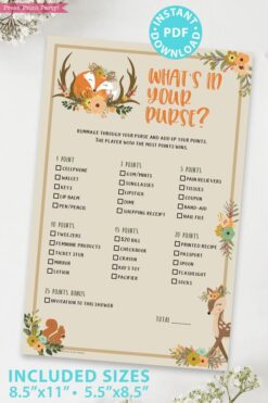 whats in your purse - Woodland baby shower games and signs w woodland creatures and forest animals like a cute fox, deer, and squirrel. Press Print Party Instant Download