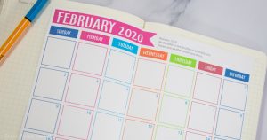 Free 2020 Calendar printable for bullet journal or household binders. With bible verses for each month. Monthly calendars to print. Glued in a notebook leuchtturm1917 February pictured. Also available January, March, April, May , June, july, august, september, october, november, december 2020