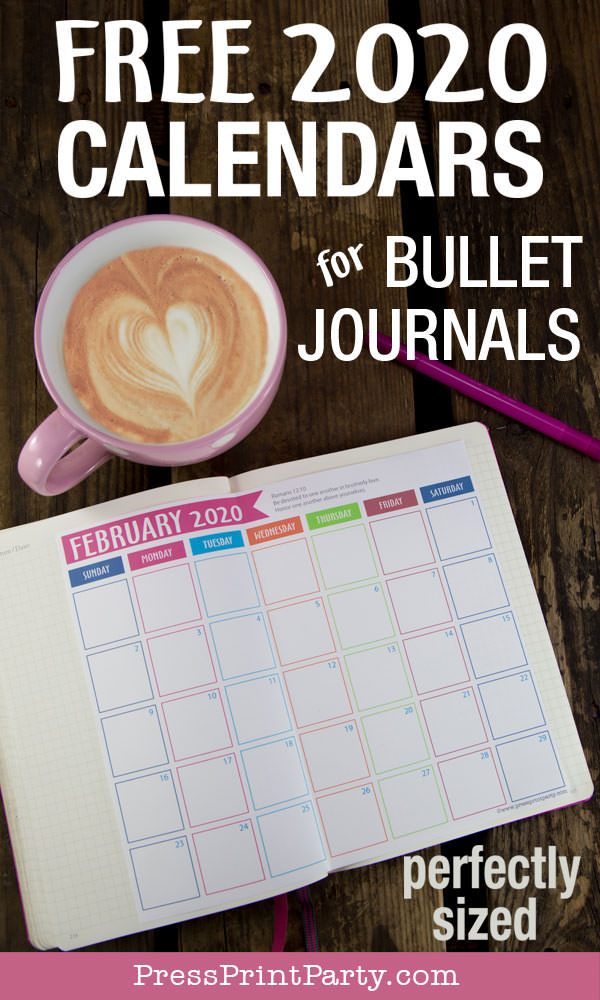 Free 2020 Calendar printable for bullet journal or household binders. With bible verses for each month. Monthly calendars to print. Glued in a notebook leuchtturm1917 February pictured. Also available January, March, April, May , June, july, august, september, october, november, december 2020