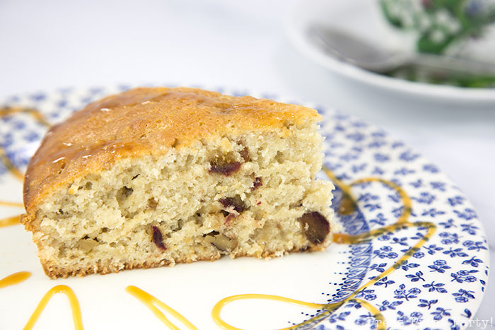 piece of old fashioned date cake with caramel sauce on blue plate - from Great Grandma Press Print Party!