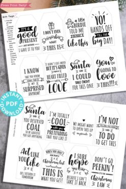 40 funny christmas gift tags printable. Hilarious original sayings. Sweet and honest gift tags. white elephant gift tag. rustic style. Press Print Party!