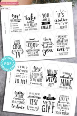 40 funny christmas gift tags printable. Hilarious original sayings. Sweet and honest gift tags. white elephant gift tag. rustic style. Press Print Party!