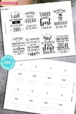 40 funny christmas gift tags printable. Hilarious original sayings. Sweet and honest gift tags. white elephant gift tag. rustic style. Press Print Party!