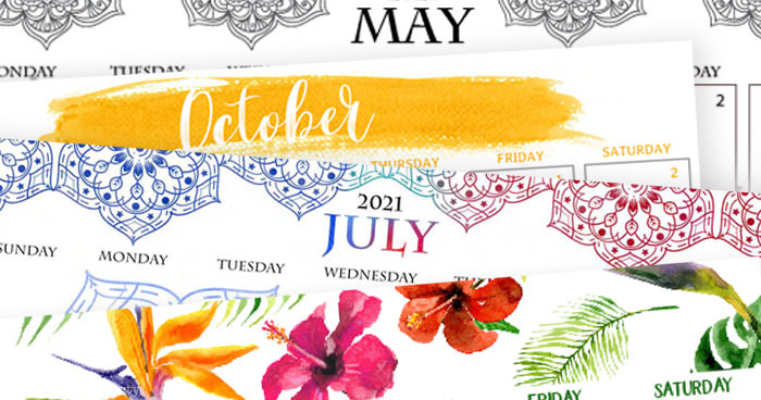 4 exclusive calendar designs for 2021 mandala, watercolor, brushes by Press Print Party