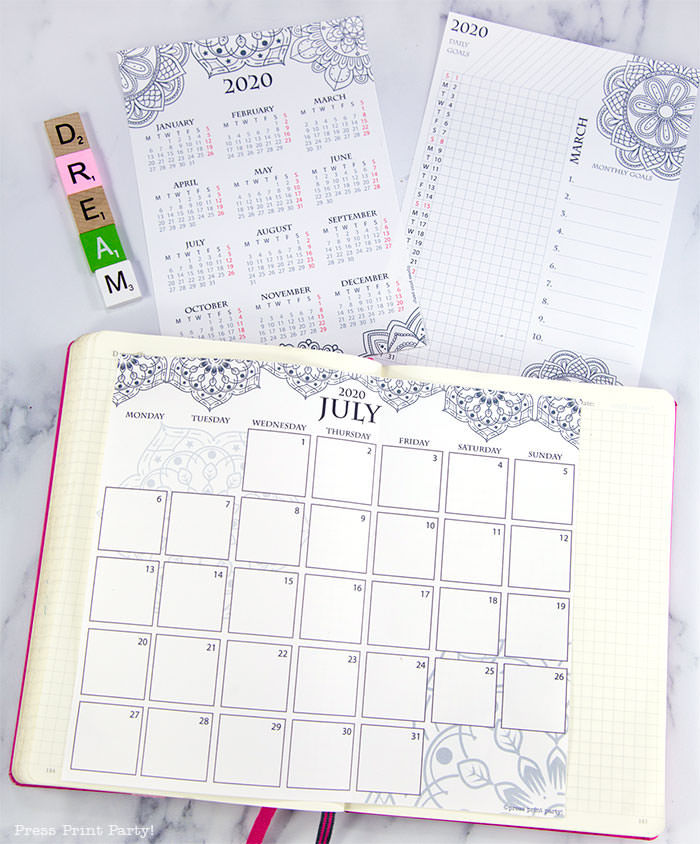 2020 printable calendar template, 2020 monthly calendar printable, one page calendar printable, print a calendar by month, 2020 year planner printable, sunday or monday start, for bullet journals or household binders, A5 planner, pdf, instant download, Daily trackers, daily routine, habit tracker, Bullet Journal Printable, Monthly Planner supply, bullet journal ideas, bujo ideas, bullet journal monthly layout for beginners, bujo supplies, monthly spread, Press Print Party! cute, coloring, mandala,