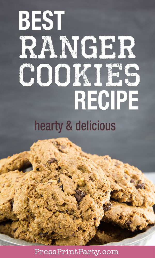 A stack of ranger cookies is artfully displayed on a plate against a dark background. Text on the image reads, "Best Ranger Cookies Recipe - hearty & delicious." At the bottom, "PressPrintParty.com" is noted, celebrating the classic taste of these delightful treats.
