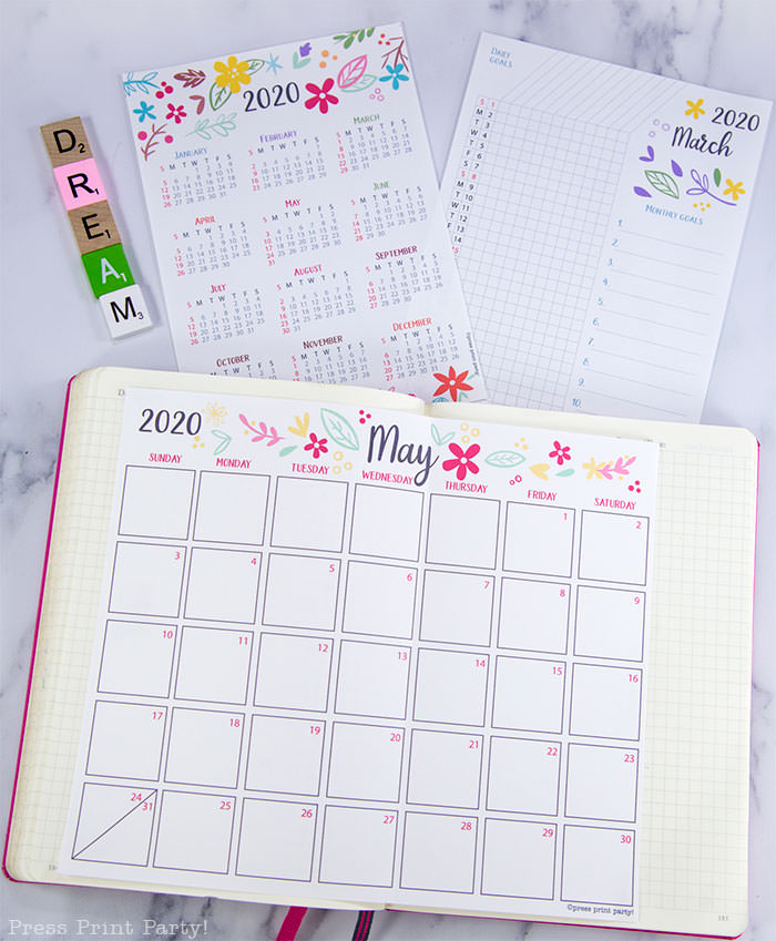 2020 printable calendar template, 2020 monthly calendar printable, one page calendar printable, print a calendar by month, 2020 year planner printable, sunday or monday start, for bullet journal calendars or for household binders, A5 planner, pdf, instant download, Daily trackers, daily routine, habit tracker, Bullet Journal Printable, Monthly Planner supply, bullet journal ideas, bujo ideas, bullet journal monthly layout for beginners, bujo supplies, monthly spread, Press Print Party! cute, whimsical colorful design