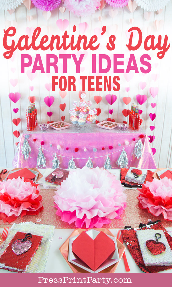 Galentines day party ideas decorations DIY, activities, favors. Happy Galentine's Day- Dessert table with Heart garland, tissue paper flowers, heart napkin, flip sequins hearts and bag, cupcakes, chocolate truffles - Press Print Party!