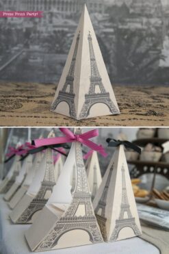 Paris party printables. Eiffel tower favor bag and boxes. Press Print Party!