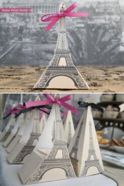 Paris party printables. Eiffel tower favor bag and boxes. Press Print Party!