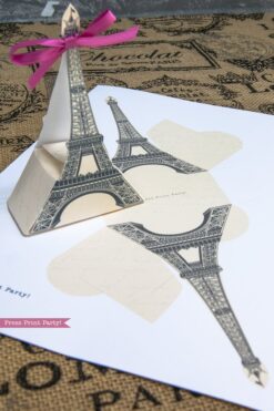 Paris party printables. Eiffel tower favor bag and boxes. Press Print Party!