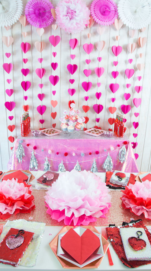 Galentines day party ideas decorations DIY, activities, favors. Happy Galentine's Day- Dessert table with Heart garland, tissue paper flowers, heart napkin, flip sequins hearts and bag, cupcakes, chocolate truffles - Press Print Party!