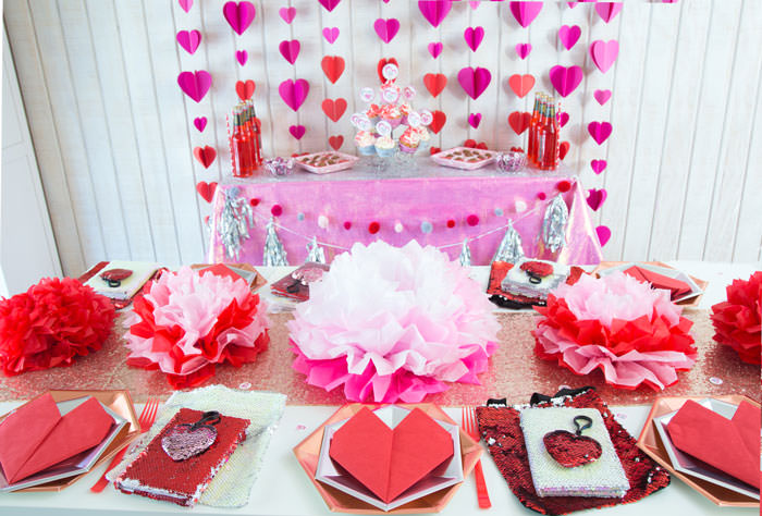 Galentines day party ideas decorations DIY, activities, favors. Happy Galentine's Day- Dessert table with Heart garland, tissue paper flowers, heart napkin, flip sequins hearts and bag, cupcakes, chocolate truffles - Press Print Party!