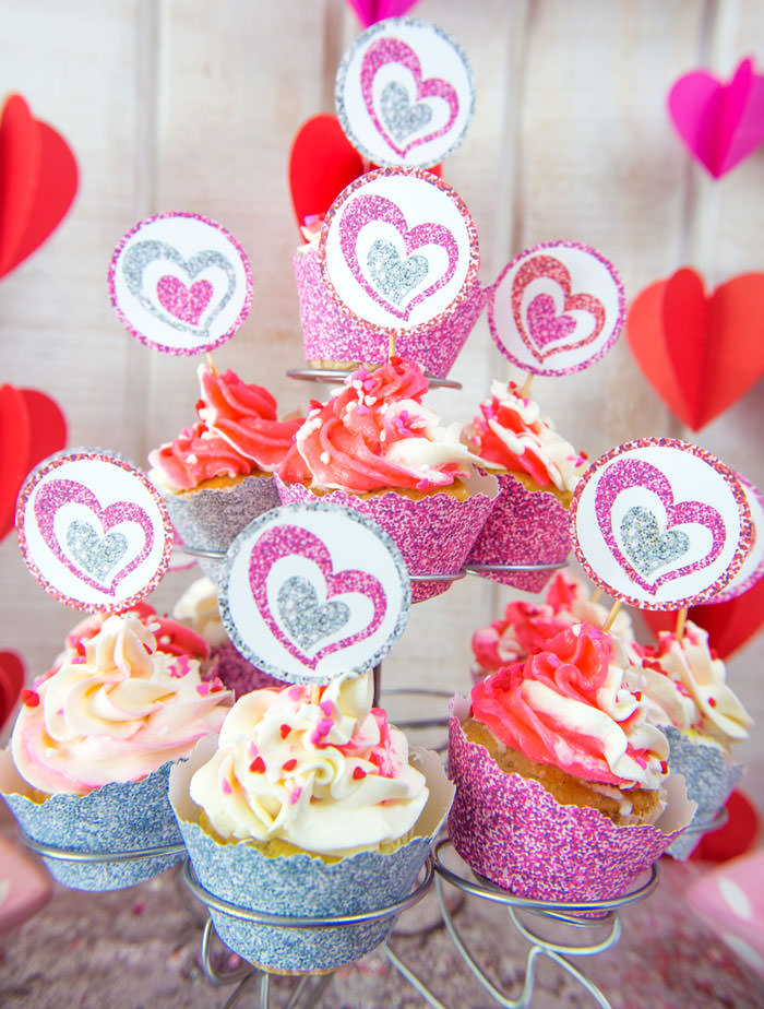 Pink and silver glitter hearts cupcake wrappers and toppers free printables - Galentine's day or Valentine's day party ideas for teen girls - Press Print Party!