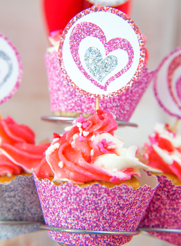 Pink and silver glitter hearts cupcake wrappers and toppers free printables - Galentine's day or Valentine's day party ideas for teen girls - Press Print Party!