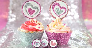 Free printables for Valentine's day Cupcake wrappers, toppers and confetti. pink and silver glitter effect by Press Print Party