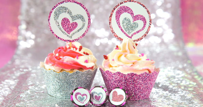 Free printables for Valentine's day Cupcake wrappers, toppers and confetti. pink and silver glitter effect by Press Print Party