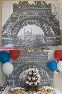 Paris Party desert table with paris party printables. Eiffel tower backdrop and centerpiece with cupcakes and french flag. Vintage French Party decorations and treats. With Paris banner and red whit and blue balloons. Press Print Party!