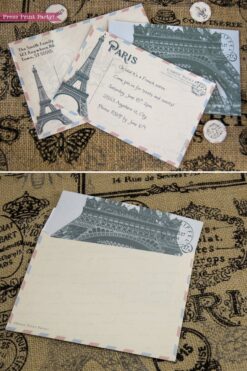 Paris party invitation fully editable. Eiffel tower postcard invitation with envelope for a vintage French party. Press Print Party!