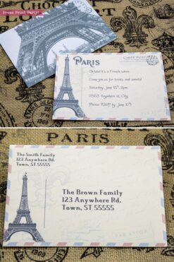 Paris party invitation fully editable. Eiffel tower postcard invitation with envelope for a vintage French party. Press Print Party!