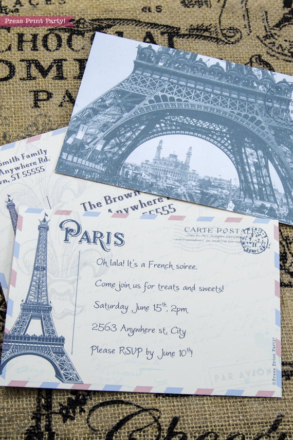 Paris party invitation fully editable. Eiffel tower postcard invitation with envelope for a vintage French party. Press Print Party!