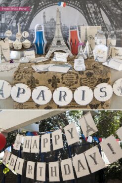 Paris Party desert table with paris party printables. Eiffel tower backdrop and centerpiece with cupcakes and french flag. Vintage French Party decorations and treats. With Paris banner and red whit and blue balloons. Press Print Party!