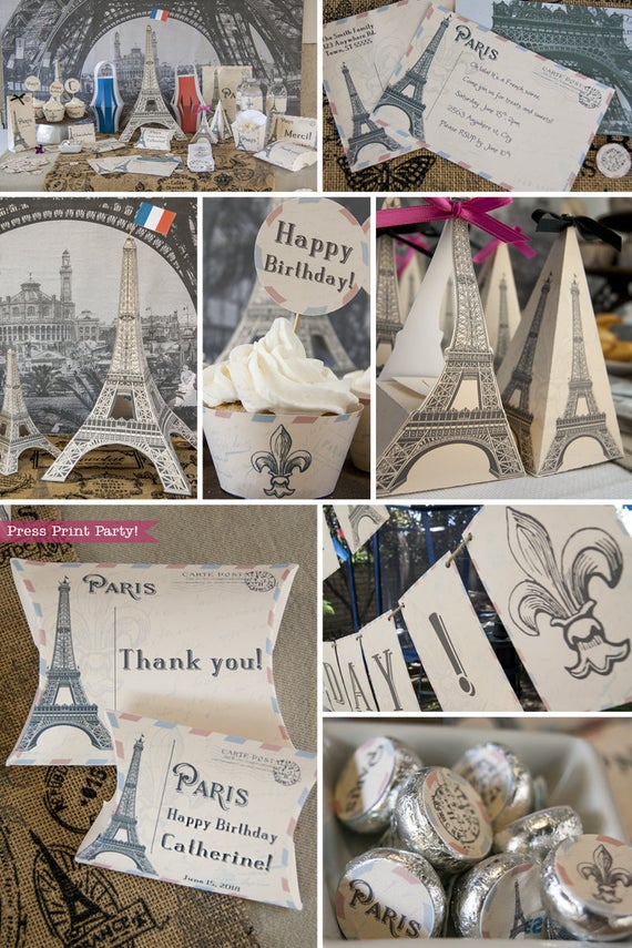 Paris Party Paris Party theme decorations desert table with paris party printables. Favor boxes, chocolate labels, invitation,Eiffel tower backdrop and centerpiece with cupcakes and french flag. Vintage French Party decorations and treats. With Paris banner and red whit and blue balloons. Press Print Party!