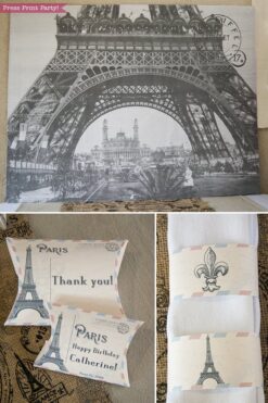 Paris party printables. Eiffel tower backdrop, favor boxes and napkin ring. with Eiffel tower and fleur de lis designs. Vintage French party. Press Print Party!