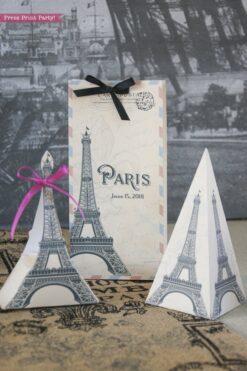 Paris party printables. Eiffel tower favor bag and boxes. Press Print Party!