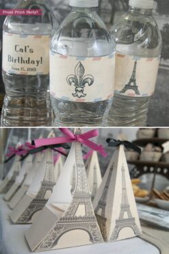 Paris party printables. Water bottle labels and Eiffel tower favor boxes. Editable. Vintage French party printables. Press Print Party!