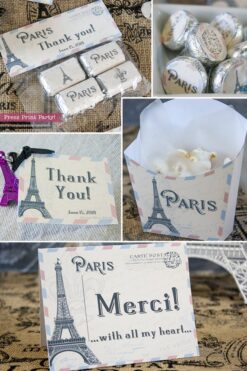 Paris party printables. Favor bag handles, chocolate labels, thank you tags, treat boxes and thank you note with Eiffel tower. Vintage French party. Press Print Party!