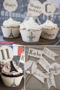 Paris party printables. cupcake wrappers with Eiffel tower and fleur de lis. Cupcake toppers with Eiffel tower topper. Press Print Party!