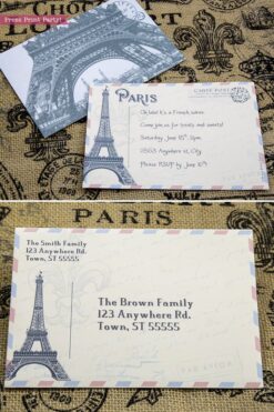 Paris party invitation fully editable. Eiffel tower postcard invitation for a vintage French party. Press Print Party!