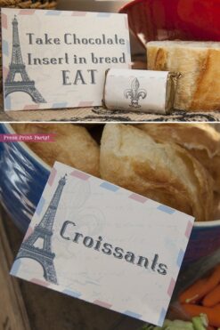 Paris party printables. Food labels with Eiffel tower. Bread and chocolate and croissants. Vintage French party printables by Press Print Party!