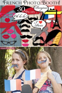 Paris photo booth props. mustaches, lips, glasses and berets. Berets, lips, mustaches, bread, scarf, little school girl hat, french flag, bubbles, Eiffel tower. Press Print Party.