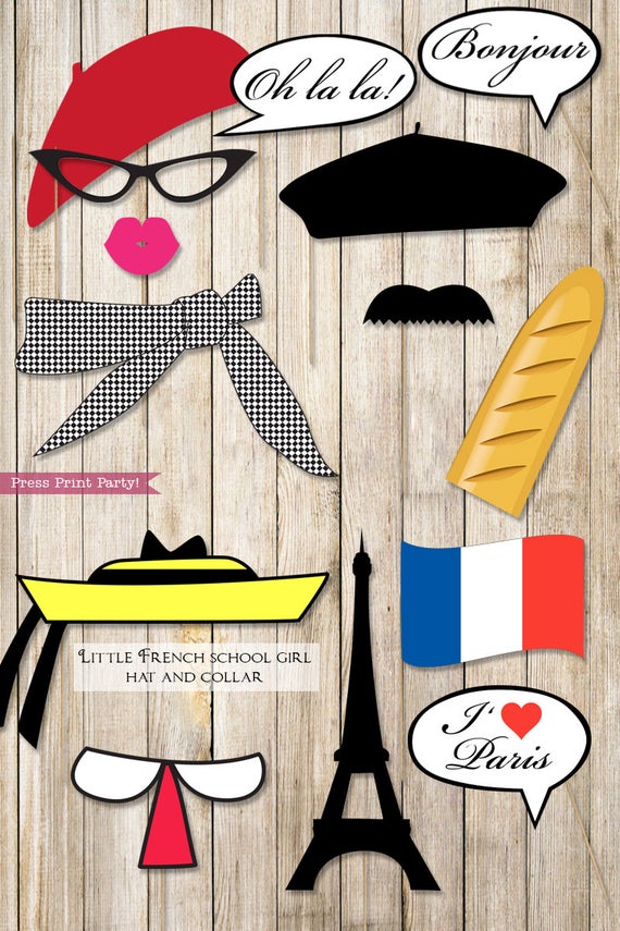 Paris French photo booth props. Berets, lips, mustaches, bread, scarf, little school girl hat, french flag, bubbles, Eiffel tower. Printables by Press Print Party.