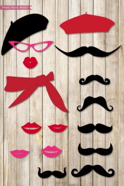 Paris photo booth props. mustaches, lips, glasses and berets. Press Print Party.